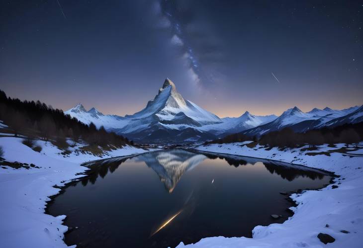 Starlit Reflections Snow Covered Matterhorn and Sellisee at Night, Valais, Switzerland