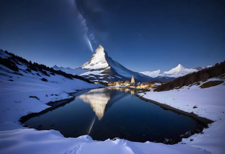 Starry Night Over Matterhorn Snow Covered Peaks Reflected in Sellisee, Valais, Switzerland