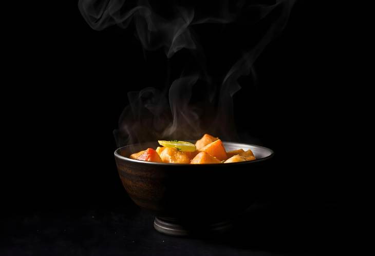 Steaming Hot Bowl of Food on Dark Background Ideal for Gourmet Presentation