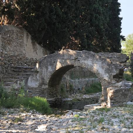 Stone Bridge and Ancient Andros Castle at Beautiful Summer Sunrise, Greece