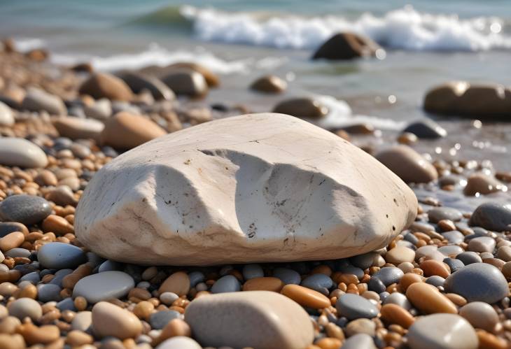 Stone on Sea Shore Close Up Highlighting Natural Texture and Coastal Landscape