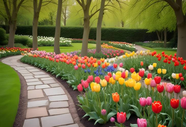 Stone Path and Colorful Tulips Flowerbeds in a Formal Spring Garden, Elegant and Lush