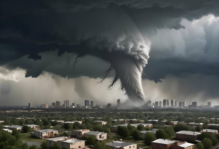 Storm Fury Tornado Touches Down Near Urban Landscape. Captivating Natural Disaster Shot