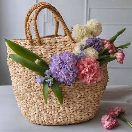 Straw Bag with Fresh Hyacinth and Carnation Blossoms