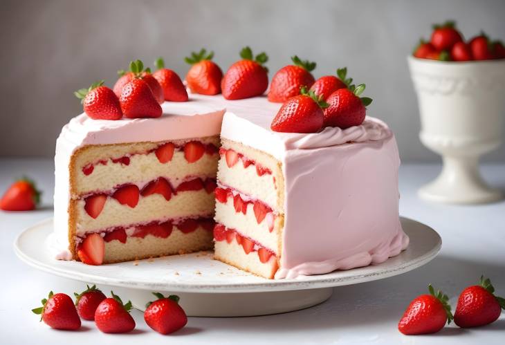 Strawberry Cake on White Surface Ideal for Showcasing Sweet Treats and Baking Masterpieces