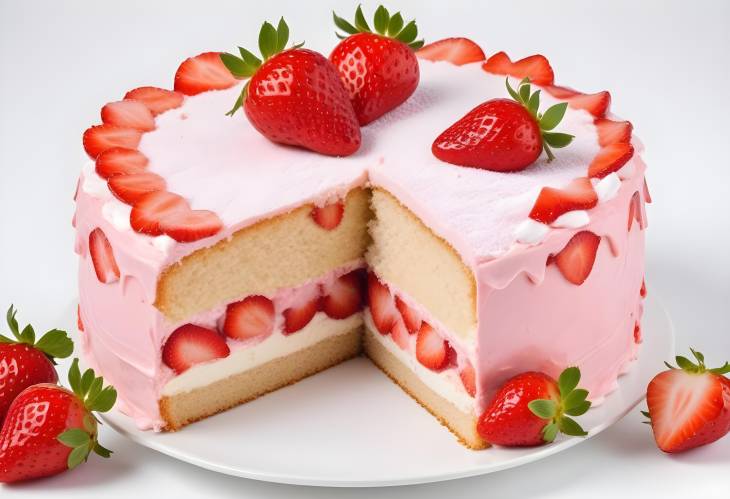 Strawberry Cake with Whipped Cream Isolated on White Delicious Dessert