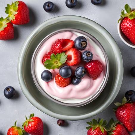 Strawberry Yogurt with Berry Toppings Top View of Healthy Yogurt and Fruit Mix for Nutritious Snack