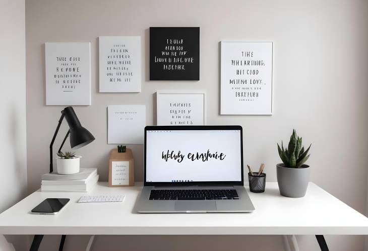 Streamlined Minimalist Workspace with Modern Laptop and Inspirational Wall Quotes