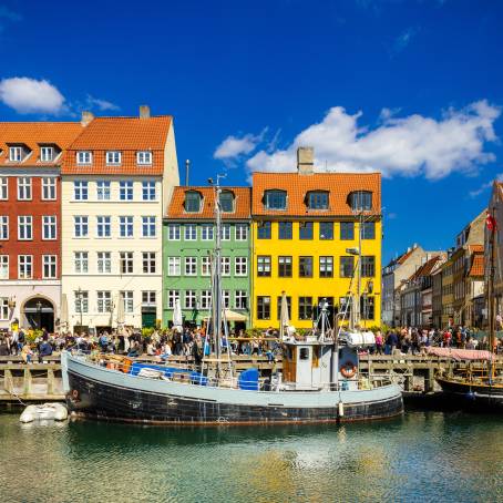 Street Light and Brightly Colored Nyhavn in Copenhagen, Denmark