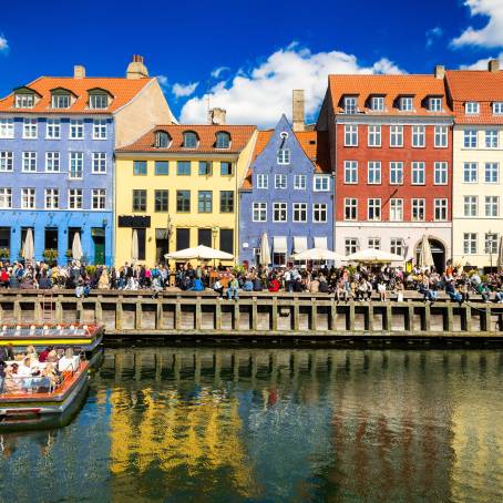 Street Light and Historic Nyhavn in Copenhagen with Colorful Houses