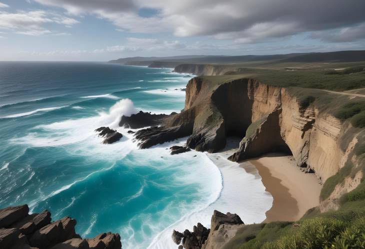 Striking Cliffside Overlooking Turquoise Ocean with Waves Crashing Against Rocky Shore