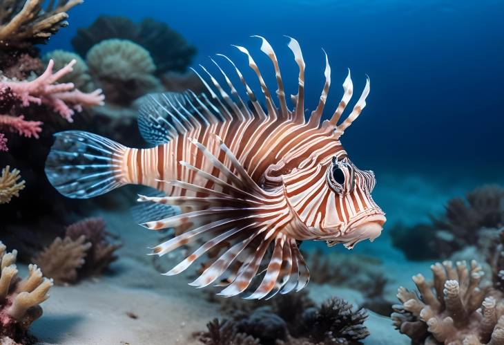 Striped Lionfish Pterois volitans in Blue Water Zebra Fish on White Background, Dangerous Coral R