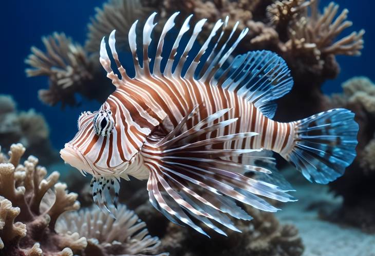 Striped Lionfish Pterois volitans in Coral Reef Zebra Fish Swimming in Blue Water Isolated on Whi