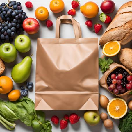 Studio Image of Healthy Foods Brown Grocery Bag with Fruits, Vegetables, Bread, and Bottled Drinks