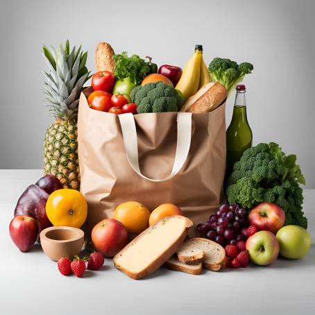 Studio Image of Healthy Grocery Bag Fruits, Vegetables, Bread, and Bottled Beverages on White