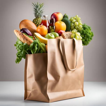 Studio Photo of Brown Grocery Bag with Healthy Foods Fruits, Vegetables, Bread, Bottled Drinks