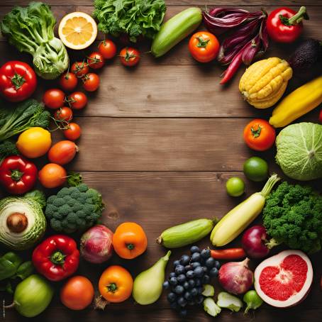 Studio Photo of Healthy Food Fruits and Vegetables on Wooden Table, Natural Eating Background