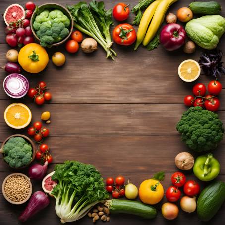 Studio Photography of Healthy Fruits and Vegetables Wooden Table Background for Natural Eating