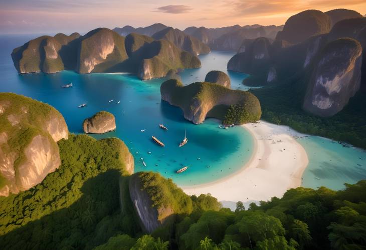 Stunning Aerial View of Phi Phi Leh Island Maya Bay and Pileh Lagoon at Sunset