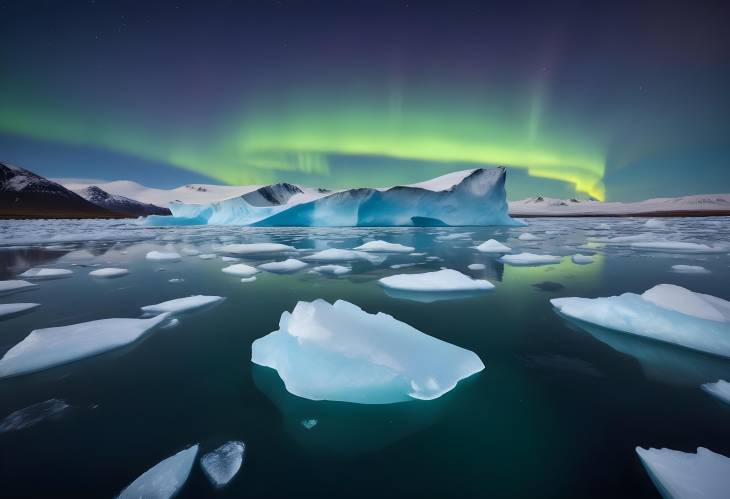 Stunning Aurora Borealis Above Jokulsarlon Lagoon Icebergs in Southeast Iceland