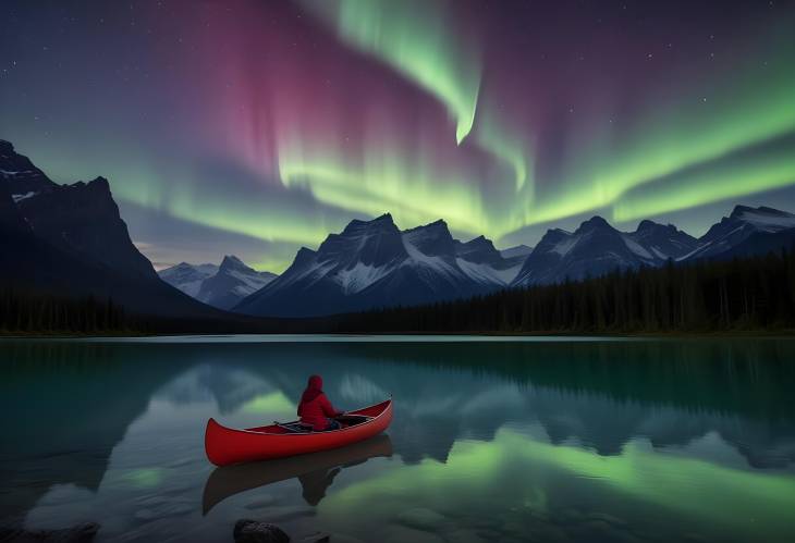 Stunning Aurora Borealis Above Spirit Island with Female Adventurer in Red Canoe at Maligne Lake