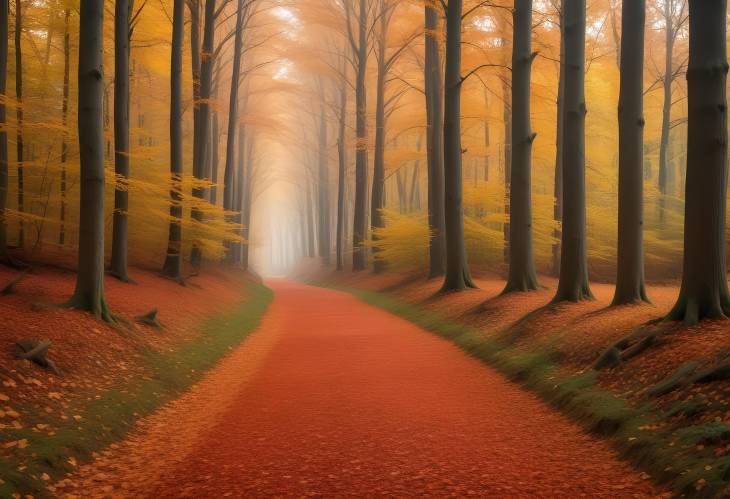 Stunning Autumn Forest with a Bed of Fallen Leaves, Tall Trees in Full Color, and a Path Forward