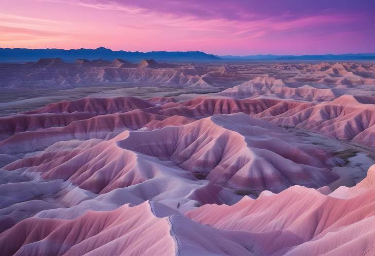 Stunning Badlands Dawn Pink and Purple Skies Over Rugged Terrain