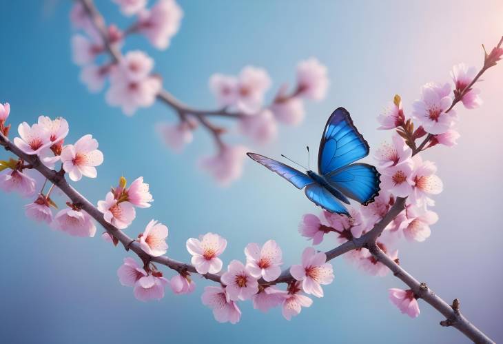 Stunning Blue Butterfly in Motion Over Flowering Apricot Tree at Sunrise Against a Light Blue