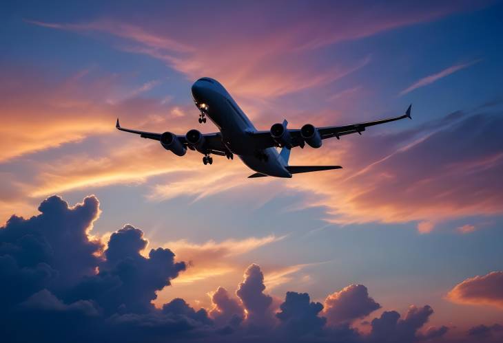 Stunning Blue Sunset with Airplane Silhouette and Setting Sun