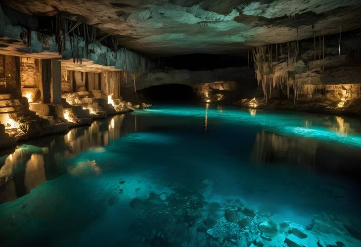 Stunning Cenote Cavern with Underground River and Deep Blue Water, Featuring Prehispanic Ritual Si