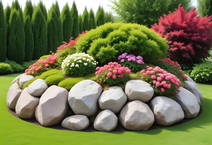 Stunning Cutout of Rock Surrounded by Flowers and Green Plants Isolated on White Background for Land