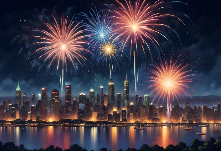 Stunning Fireworks Show Vibrant Night Sky Explosions Above City Lights