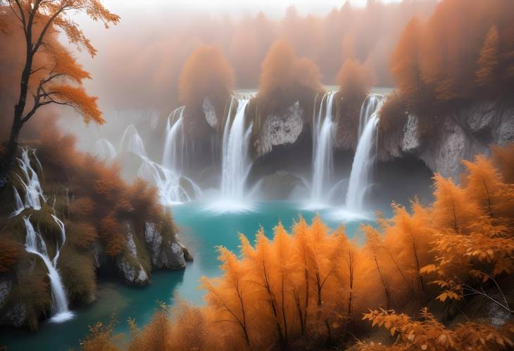 Stunning Foggy Waterfall and Autumn Colors in Plitvice National Park