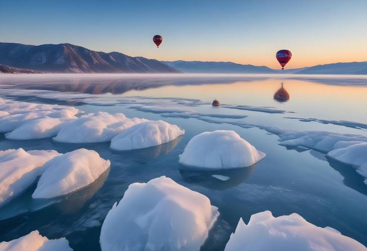 Stunning Hot Air Balloon Above Frozen Baikal Lake Winter Sunrise and Blue Ice Landscape