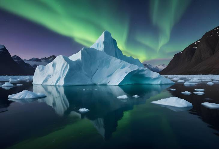 Stunning Iceberg in Greenland Fjord with Aurora Borealis Arctic Night with Northern Lights