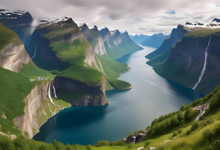 Stunning Panorama of Sunnylvsfjorden Fjord and Seven Sisters Waterfalls Near Geiranger, Norway