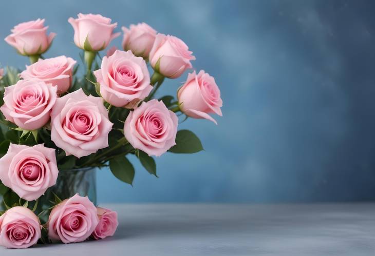 Stunning Pink Roses and Eustoma on Gray and Blue Bokeh Background with Ample Copy Space