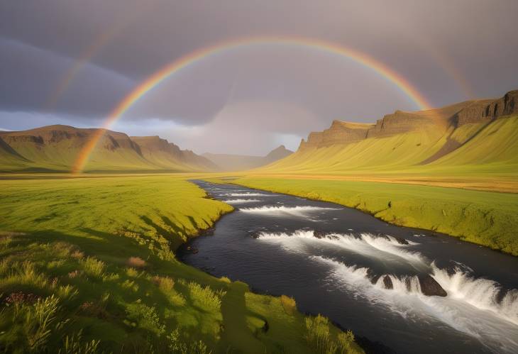 Stunning Rainbow Over Krossa River in Porsmoerk, Iceland European Landscape Beauty