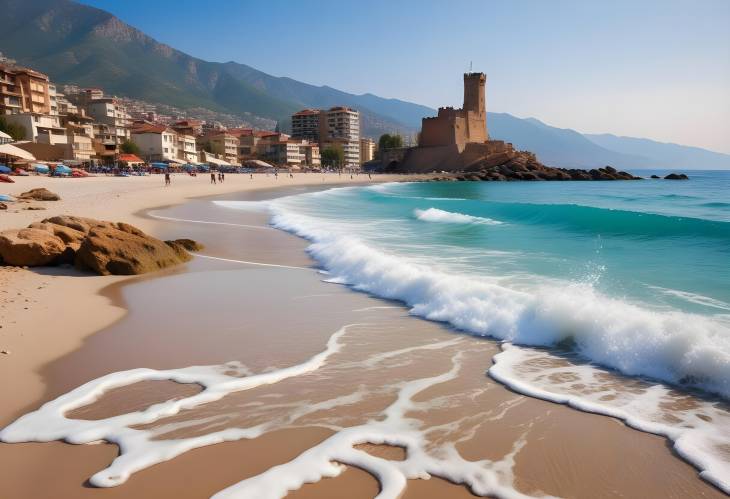 Stunning Sandy Beach and Turquoise Mediterranean Sea Waves  Ancient Shipyard and Kizil Kule Tower