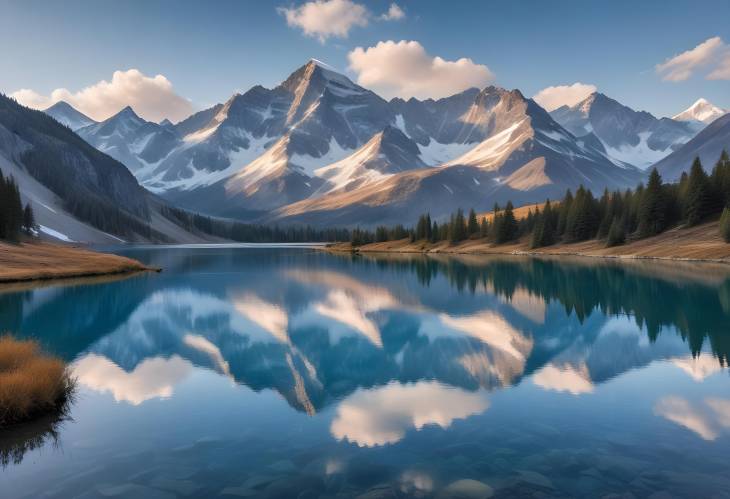 Stunning Snow Capped Peaks with Blue Lake and Meadows