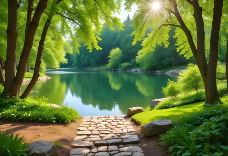 Stunning Summer Spring Park View with a Lake, Greenery, and a Stone Path Bathed in Sunlight