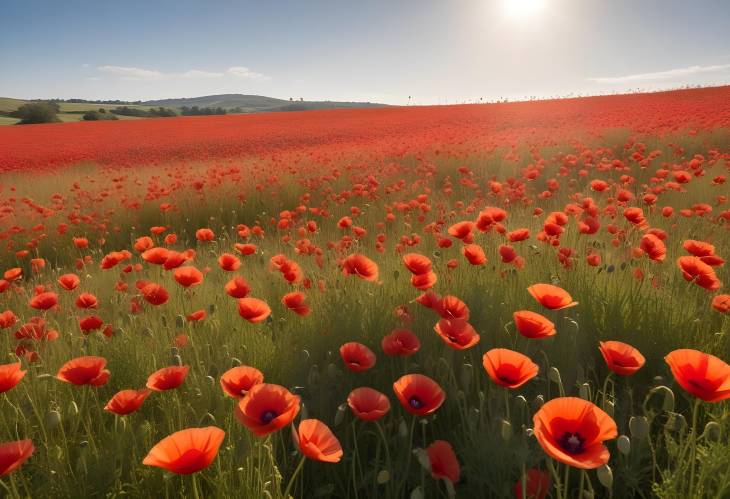 Stunning Sunlit Field of Red Poppies with Flowers Swaying Gently in the Breeze Beneath a Clear Sky