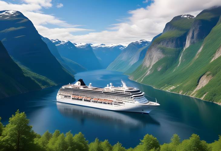 Stunning Sunnylvsfjorden Fjord and Cruise Ship Near Geiranger in Western Norway