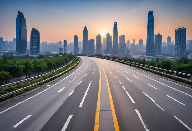 Stunning Sunrise over Chongqing Asphalt Road Square and City Skyline