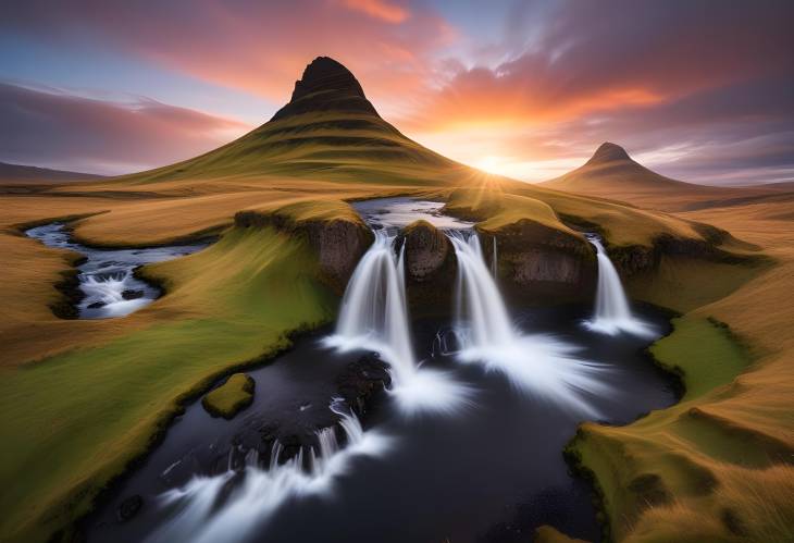 Stunning Sunrise Over Kirkjufellsfoss Waterfall and Kirkjufell Mountain Majestic Icelandic Landsca