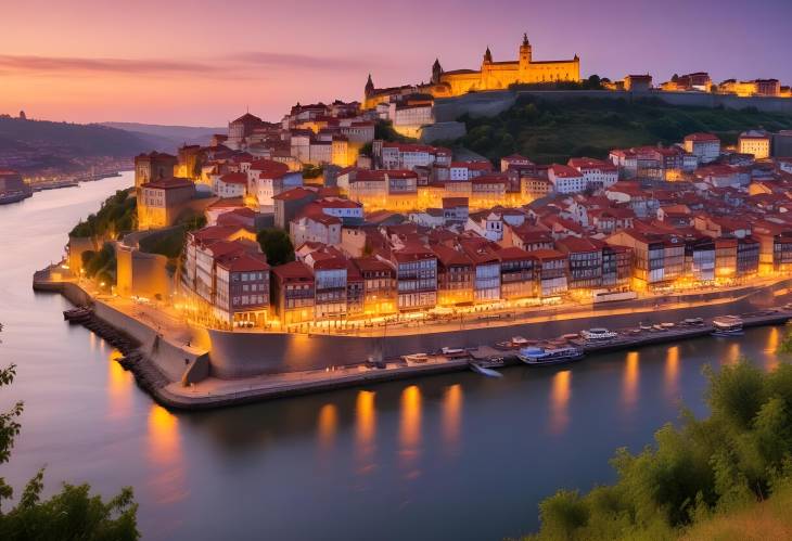 Stunning Sunset from Hill Over Porto Old Town and Douro River Portugals Scenic View