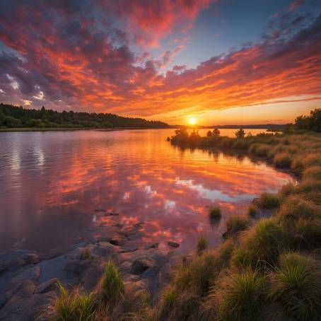 Stunning Sunset Over a Wide River Colorful Sunrise Reflections