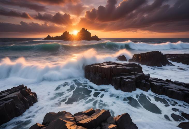 Stunning Sunset Over the Ocean with Waves Crashing Against Rugged Rocks