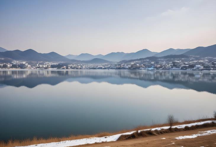 Stunning Winter Landscape of Daegu City and Lake  South Korea