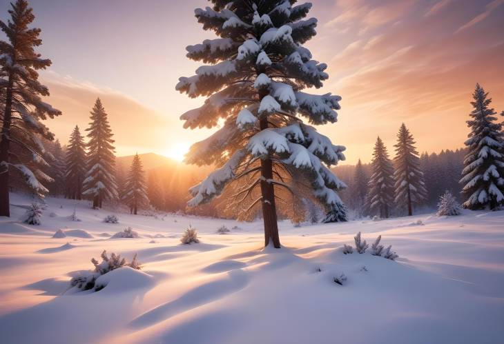 Stunning Winter Landscape with Snow Covered Trees and Sunset Glow